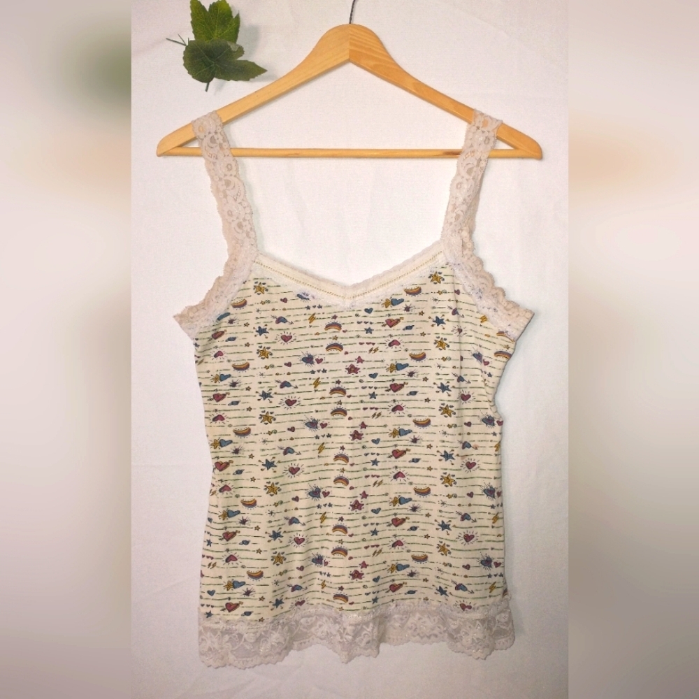 Urban Outfitters Rainbow Heart Star Floral Lace Trim Women's Top Small Fairycore
